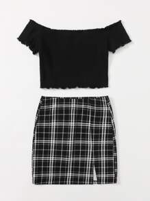 SHEIN Privé Bộ thời trang Chia Sọc ca rô Giải trí - Đen và trắng - Xem 4