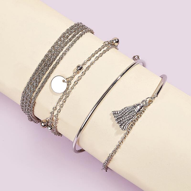 

4pcs Tassel & Disc Chain Bracelet, Silver