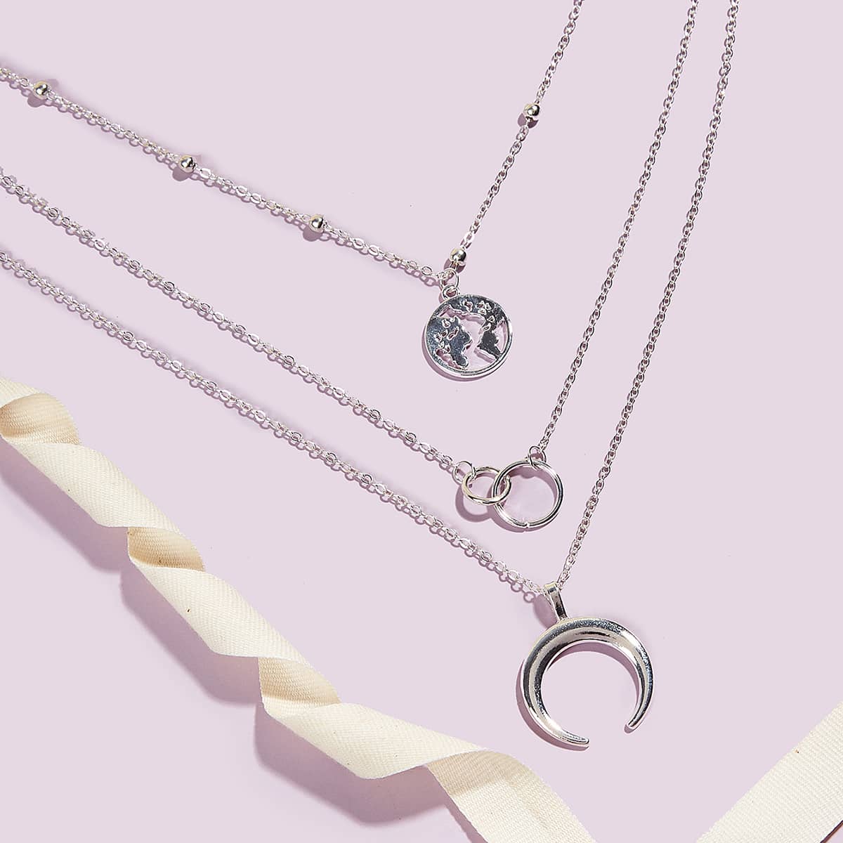 

Moon & Ring Layered Necklace, Silver