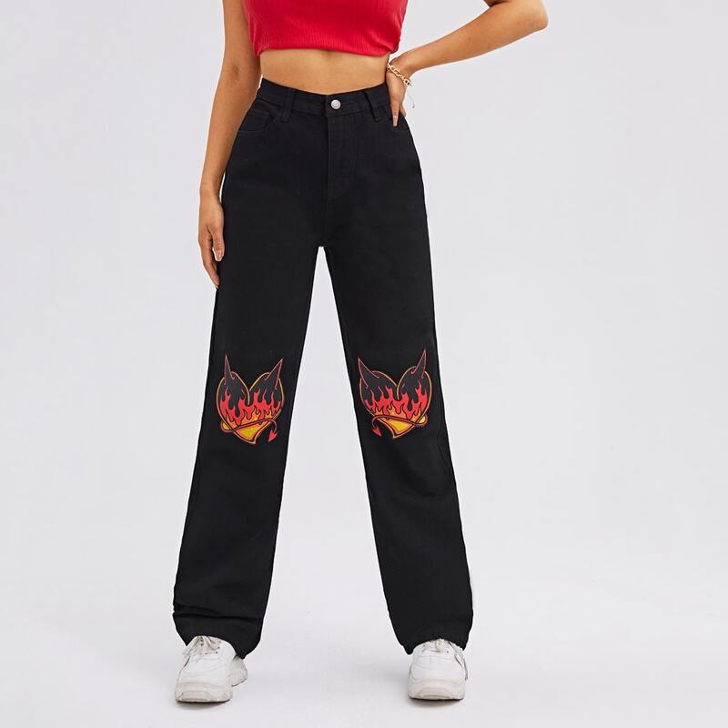 

High Waist Heart & Fire Print Jeans, Black