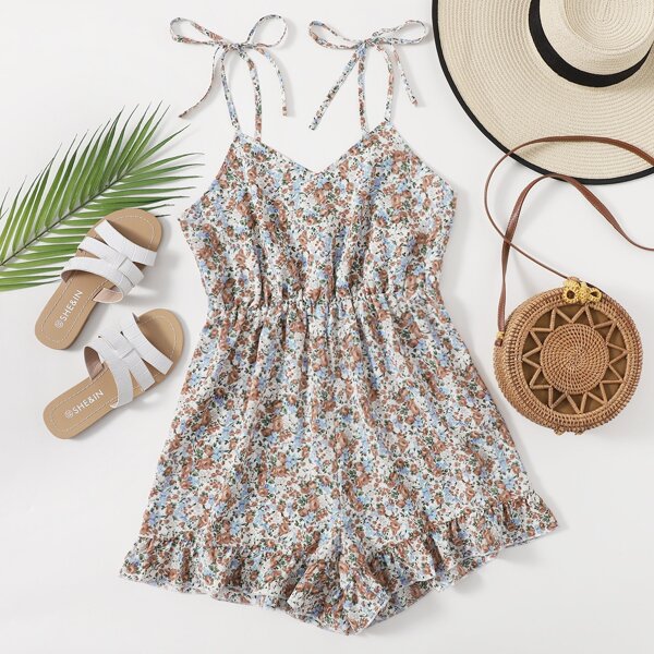 

Ditsy Floral Knot Shoulder Ruffle Hem Romper, Multicolor