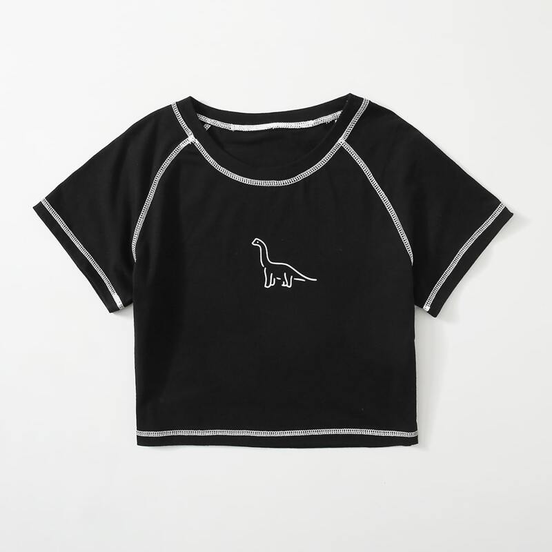 

Contrast Stitching Dinosaur Graphic Tee, Black