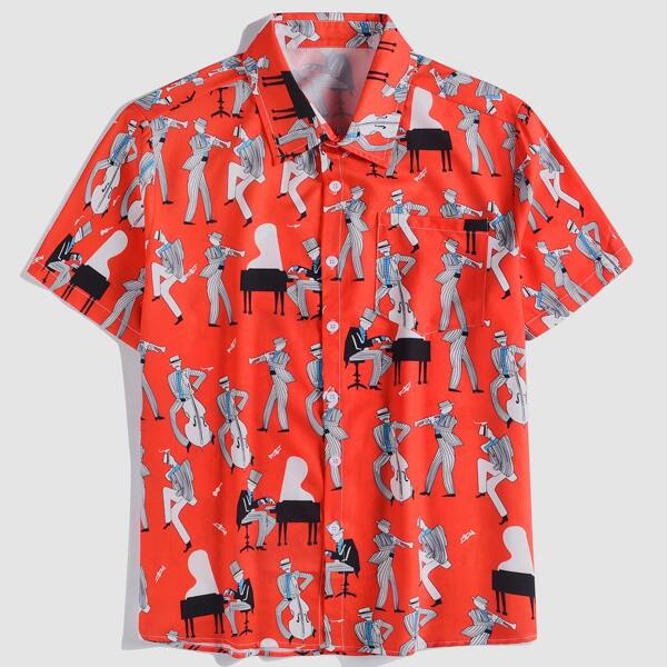 

Men Button Front Allover Figure Print Shirt, Red