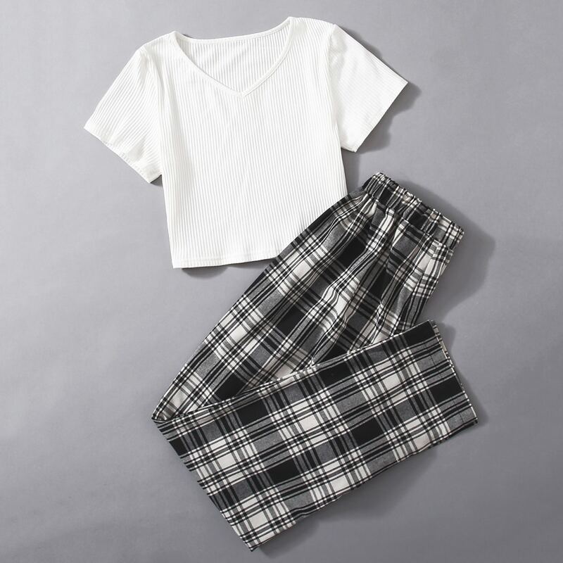 

Solid Ribbed Tee & Plaid Pants, Multicolor