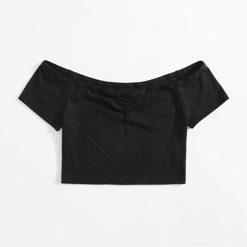 

Solid Ruched Ribbed Crop Tee, Black