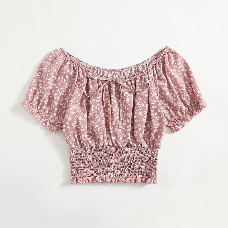 Ditsy Flower Shirred Blouse, Dusty pink