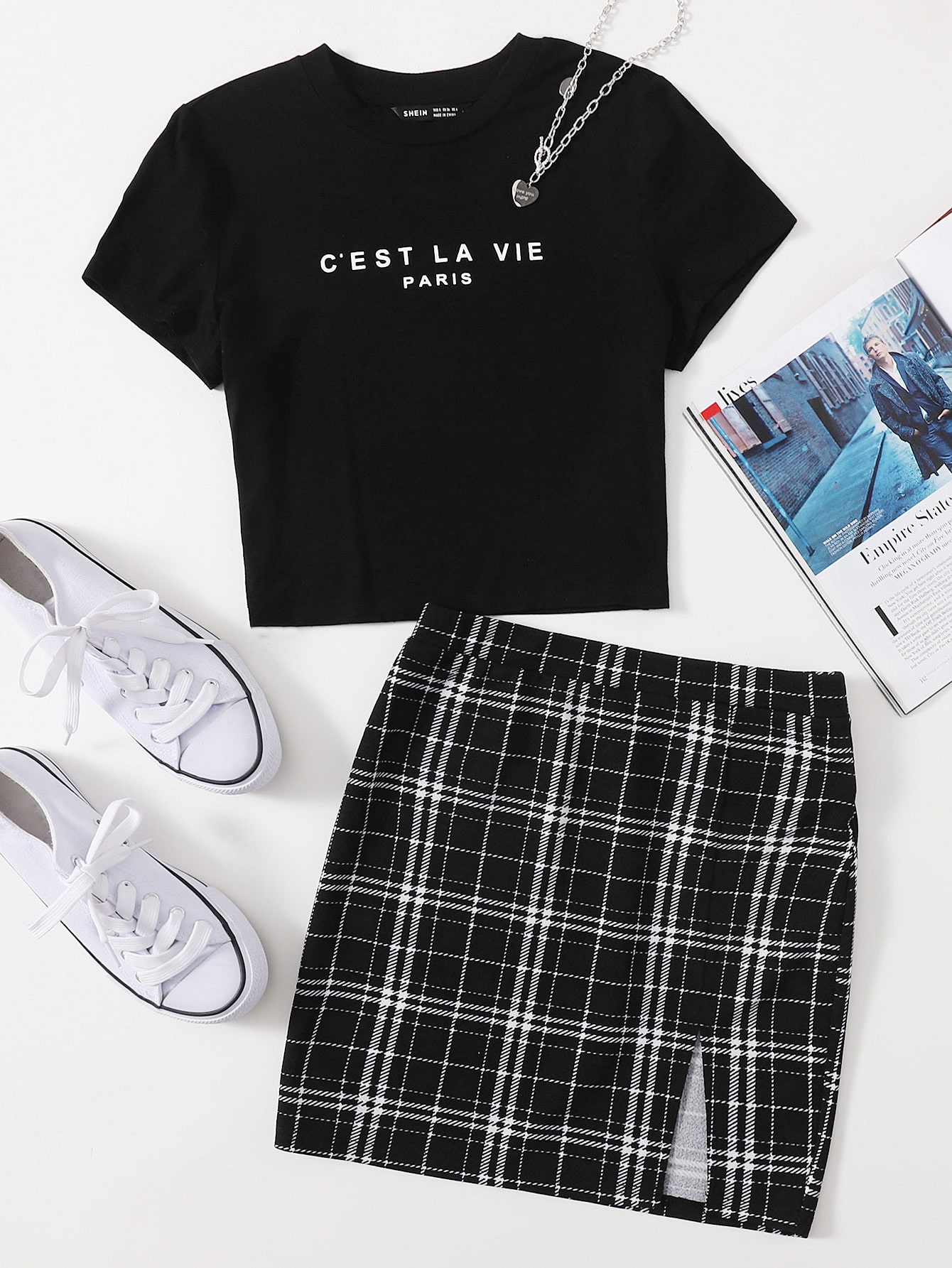 Letter Graphic Tee & Plaid Slit Hem Skirt Set thumbnail