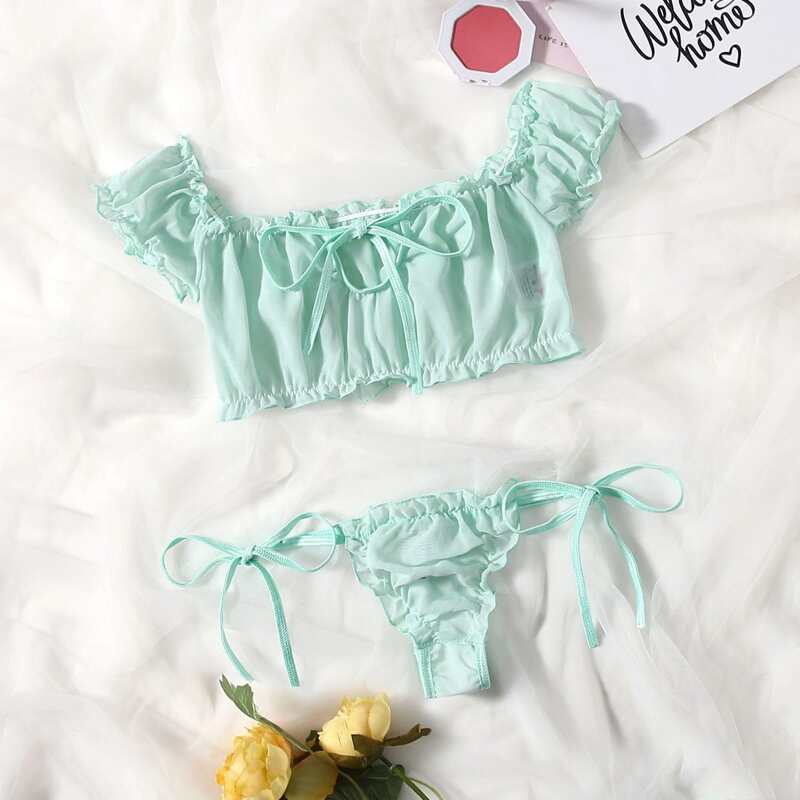 

Frill Trim Chiffon Lingerie Set, Mint green