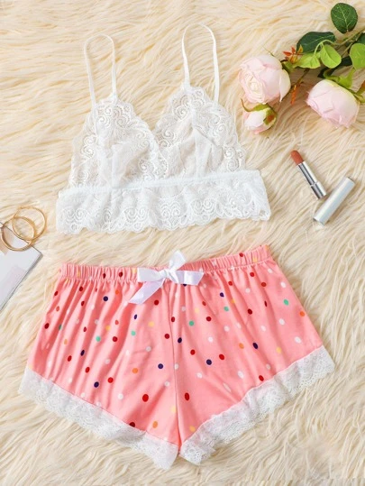 花卉蕾絲無鋼圈內衣帶波卡圓點短褲