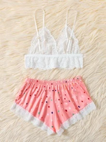 花卉蕾絲無鋼圈內衣帶波卡圓點短褲