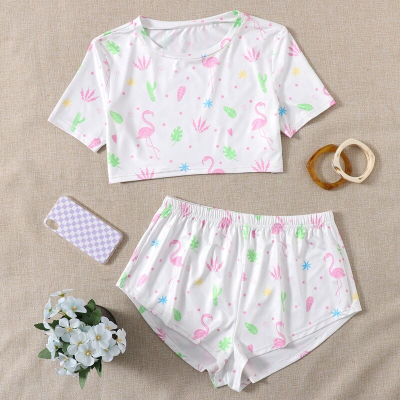 

Flamingo & Plants Print PJ Set, White