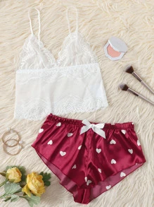 Floral Lace Bralet With Heart Print Shorts - Multicolor - View 1