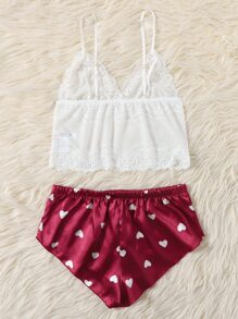 Floral Lace Bralet With Heart Print Shorts - Multicolor - View 2