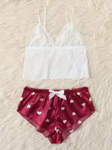 Floral Lace Bralet With Heart Print Shorts - Multicolor - View 3