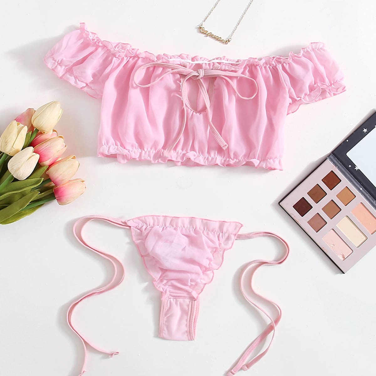 

Frill Trim Chiffon Lingerie Set, Baby pink