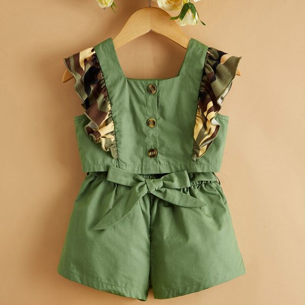 

Toddler Girls Camo Ruffle Button Front Top & Belted Shorts, Army green