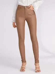 SHEIN Privé High Stretch Coated Skinny Jeans - Camel - View 1