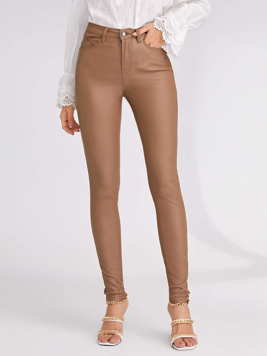 SHEIN Privé High Stretch Coated Skinny Jeans - Camel - View 1