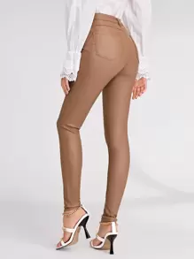 SHEIN Privé High Stretch Coated Skinny Jeans - Camel - View 2
