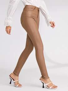 SHEIN Privé High Stretch Coated Skinny Jeans - Camel - View 3
