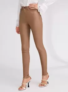 SHEIN Privé High Stretch Coated Skinny Jeans - Camel - View 4
