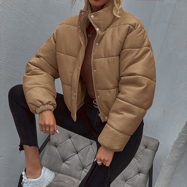 

PU Funnel Neck Zip Up Puffer Jacket, Brown
