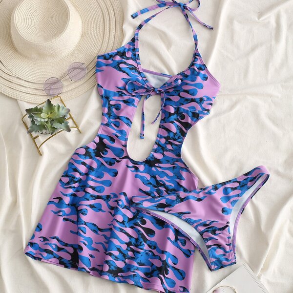 

Fire Print Cut-out Knot Front Bikini Swimsuit, Multicolor