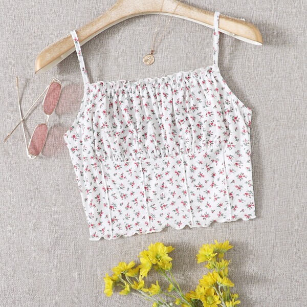 

Ditsy Floral Ruched Bust Lettuce Trim Crop Cami Top, Red and white