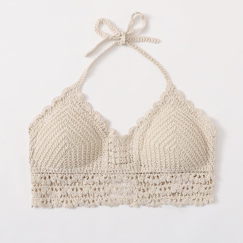 

Solid Crochet Halter Crop Top, Beige
