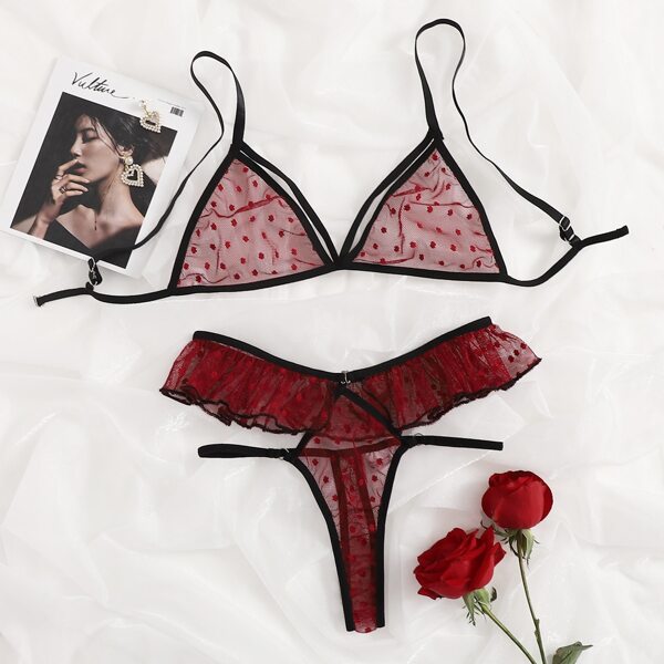 

Polka Dot Sheer Mesh Harness Lingerie Set, Burgundy