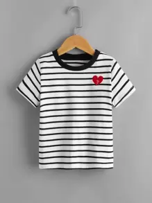SHEIN 童裝男孩心型刺繡條紋t恤 - 黑與白 - 查看 1