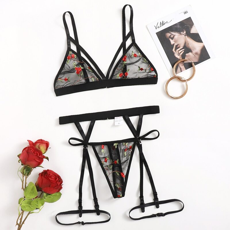 

Floral Embroidery Harness Garter Lingerie Set, Black