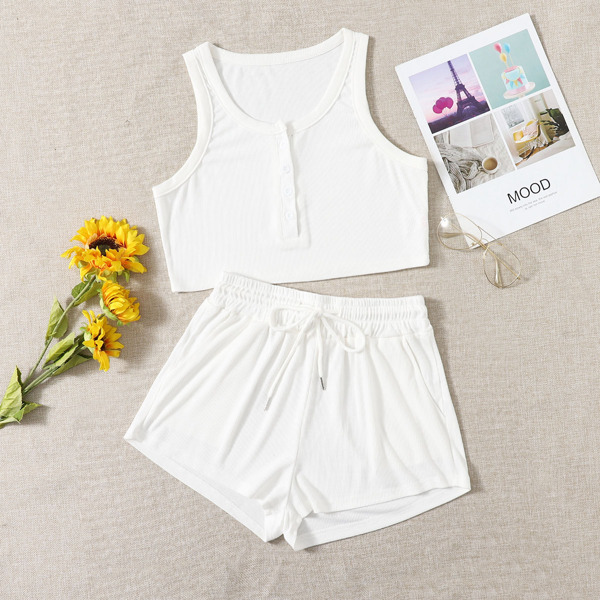 

Solid Half Button Crop Tank Top & Track Shorts, White