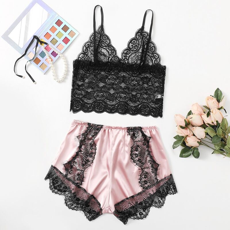 

Floral Lace Longline Bralette With Satin Shorts, Multicolor