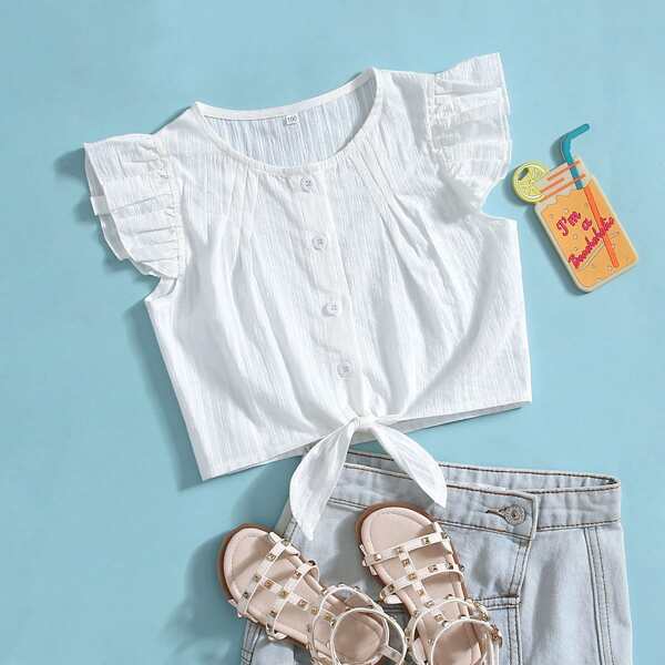 

Toddler Girls Button Front Knot Hem Blouse, White