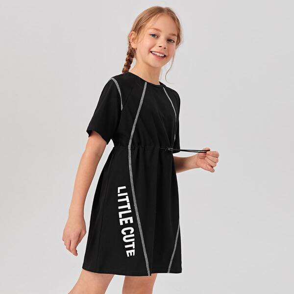 

Girls Drawstring Waist Contrast Stitch Letter Graphic Dress, Black