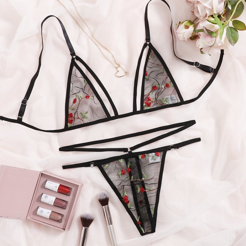 

Embroidered Mesh Harness Lingerie Set, Black
