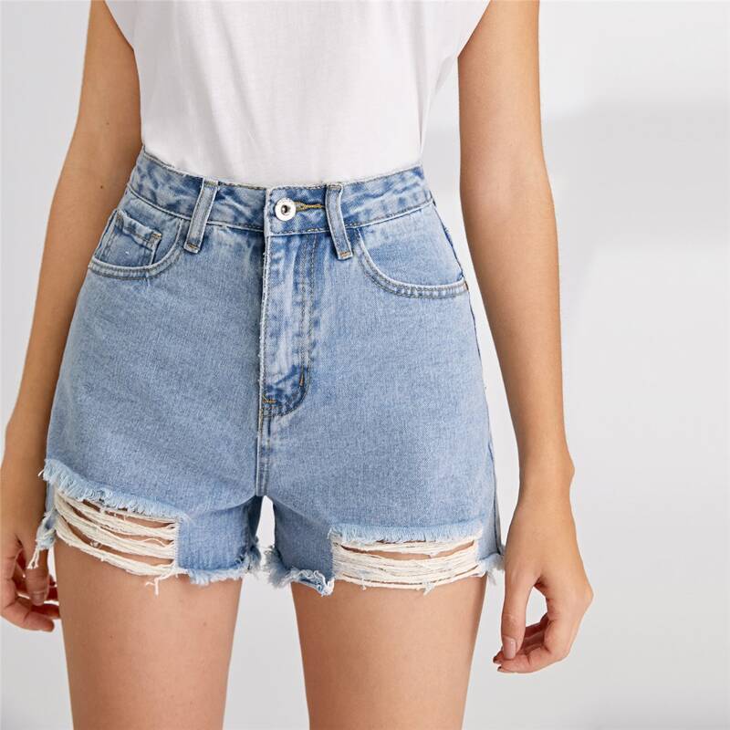 

High Waist Ripped Raw Hem Denim Shorts, Light wash