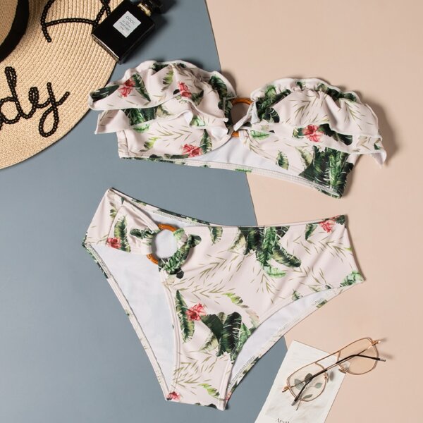 

Leaf Print Ruffle Ring Linked Bikini Swimsuit, Multicolor