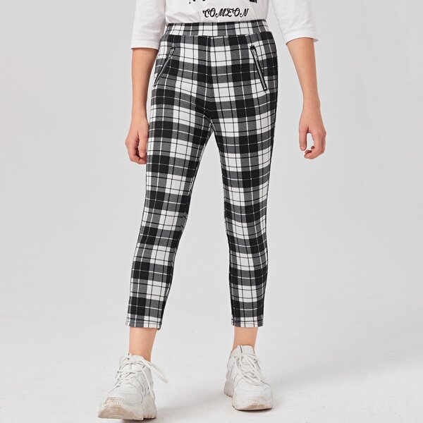 

Girls Zipper Detail Plaid Pants, Black and white