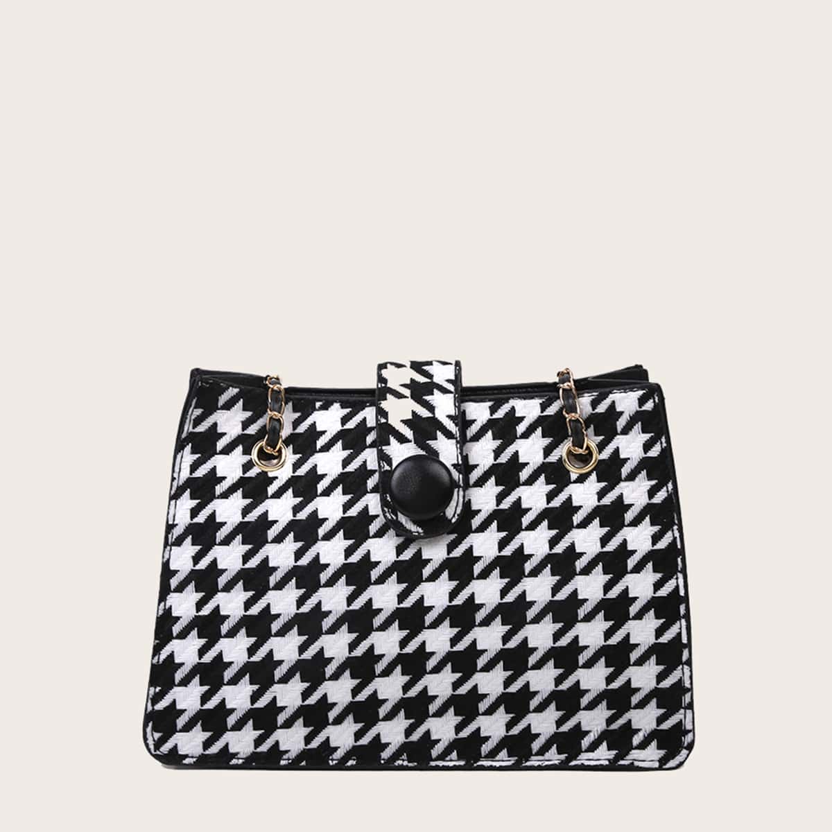 

Houndstooth Chain Crossbody Bag, Black and white