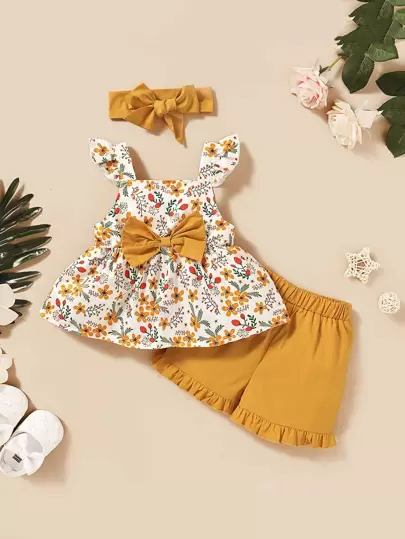 SHEIN 小女童花卉圖案蝴蝶結上衣帶短褲帶髮帶