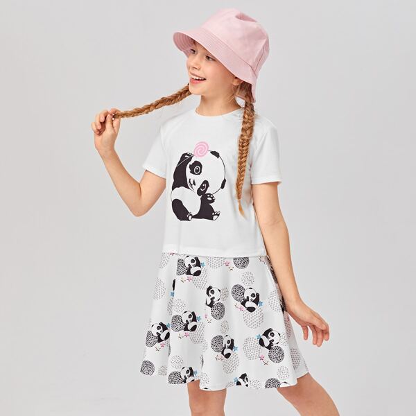

Girls Panda Print Flare Hem Dress, White