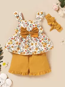 SHEIN 小女童花卉圖案蝴蝶結上衣帶短褲帶髮帶 - 彩色 - 查看 6