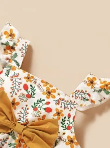 SHEIN 小女童花卉圖案蝴蝶結上衣帶短褲帶髮帶 - 彩色 - 查看 7