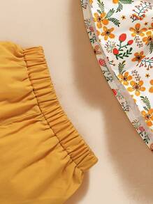 SHEIN 小女童花卉圖案蝴蝶結上衣帶短褲帶髮帶 - 彩色 - 查看 8