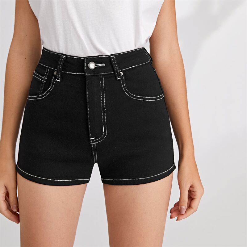 

High Waist Whip Stitch Denim Shorts, Black