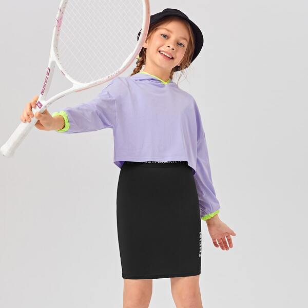

Girls Contrast Binding Pullover & Slit Back Letter Graphic Skirt Set, Multicolor