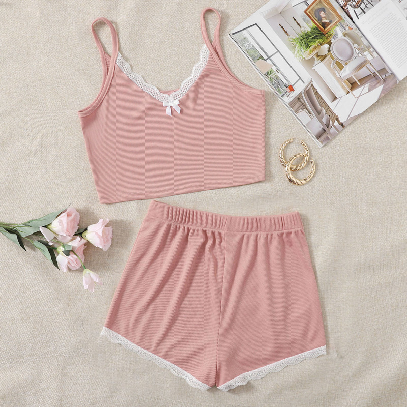 

Lace Trim Cami Top & Shorts Lounge Set, Dusty pink