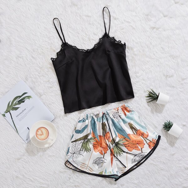 

Lace Panel Tropical Print Satin Night Set, Multicolor